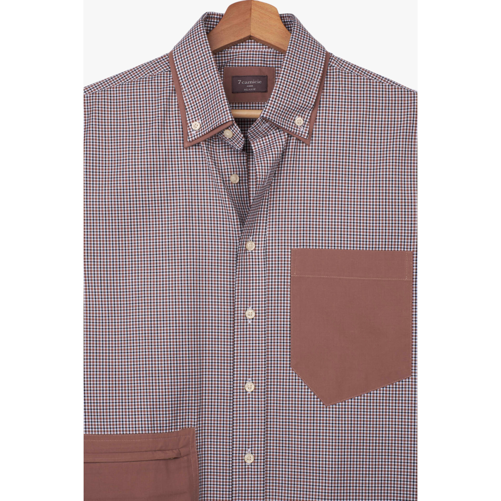 Camicia Uomo 1 Bottone Button Down Popeline Stretch Marrone/Bianco