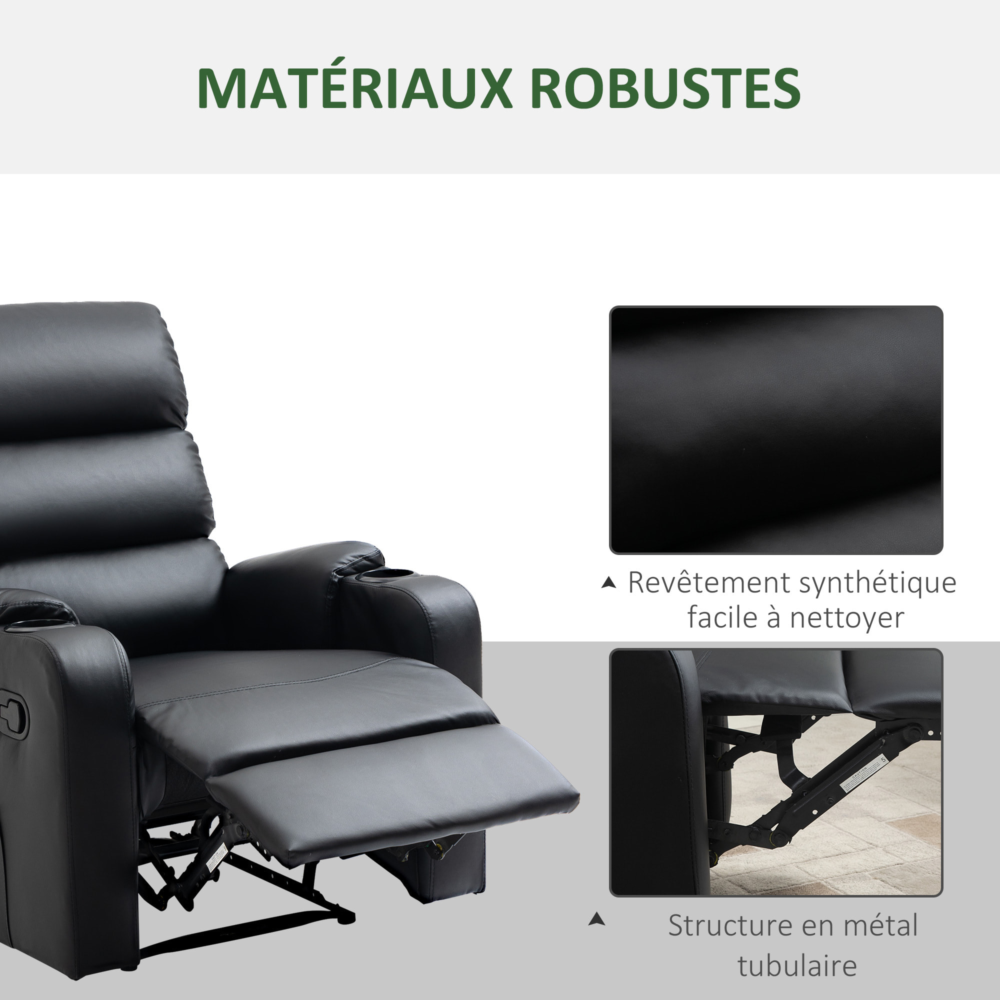 Fauteuil de relaxation inclinable avec repose-pied ajustable revêtement synthétique noir