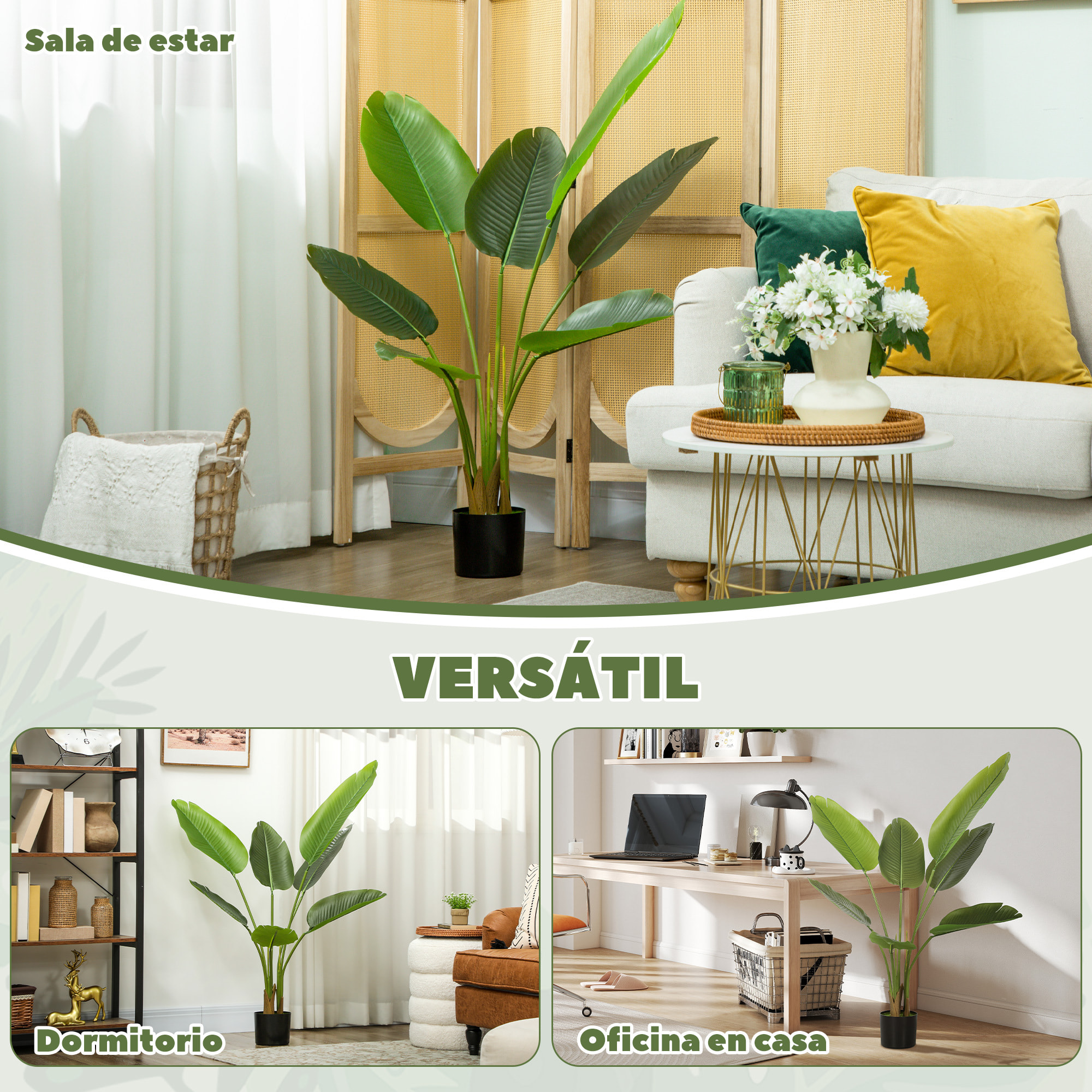 Planta Artificial Decorativa 109 cm Bananera Artificial con Maceta y Hojas para Interior Hogar Salón Oficina Verde