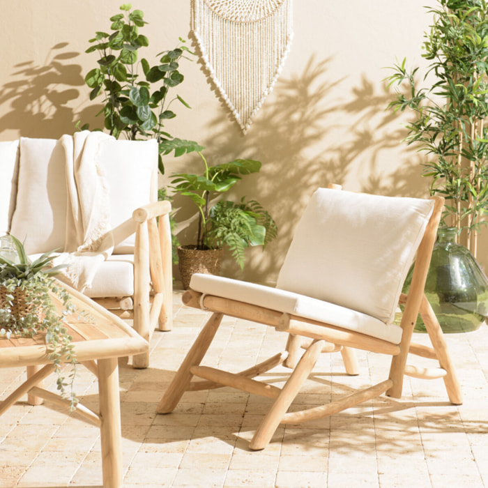 WILL - Fauteuil lounge en branches de teck naturel coussin blanc WILL