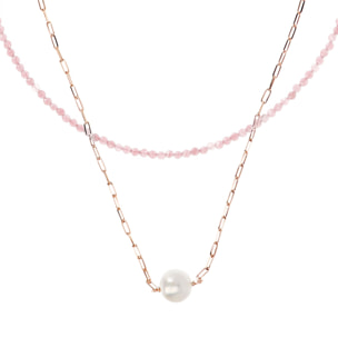 PERLAVIVA - Doppia Collana con Quarzite Rosa e Perla Ming Bianca Ø 11 mm in Argento 925 placcato Oro Rosa 18Kt