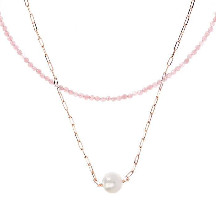 PERLAVIVA - Doppia Collana con Quarzite Rosa e Perla Ming Bianca Ø 11 mm in Argento 925 placcato Oro Rosa 18Kt