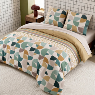 Parure housse de couette 100% coton motif géométrique rétro vert et camel - ADDICT