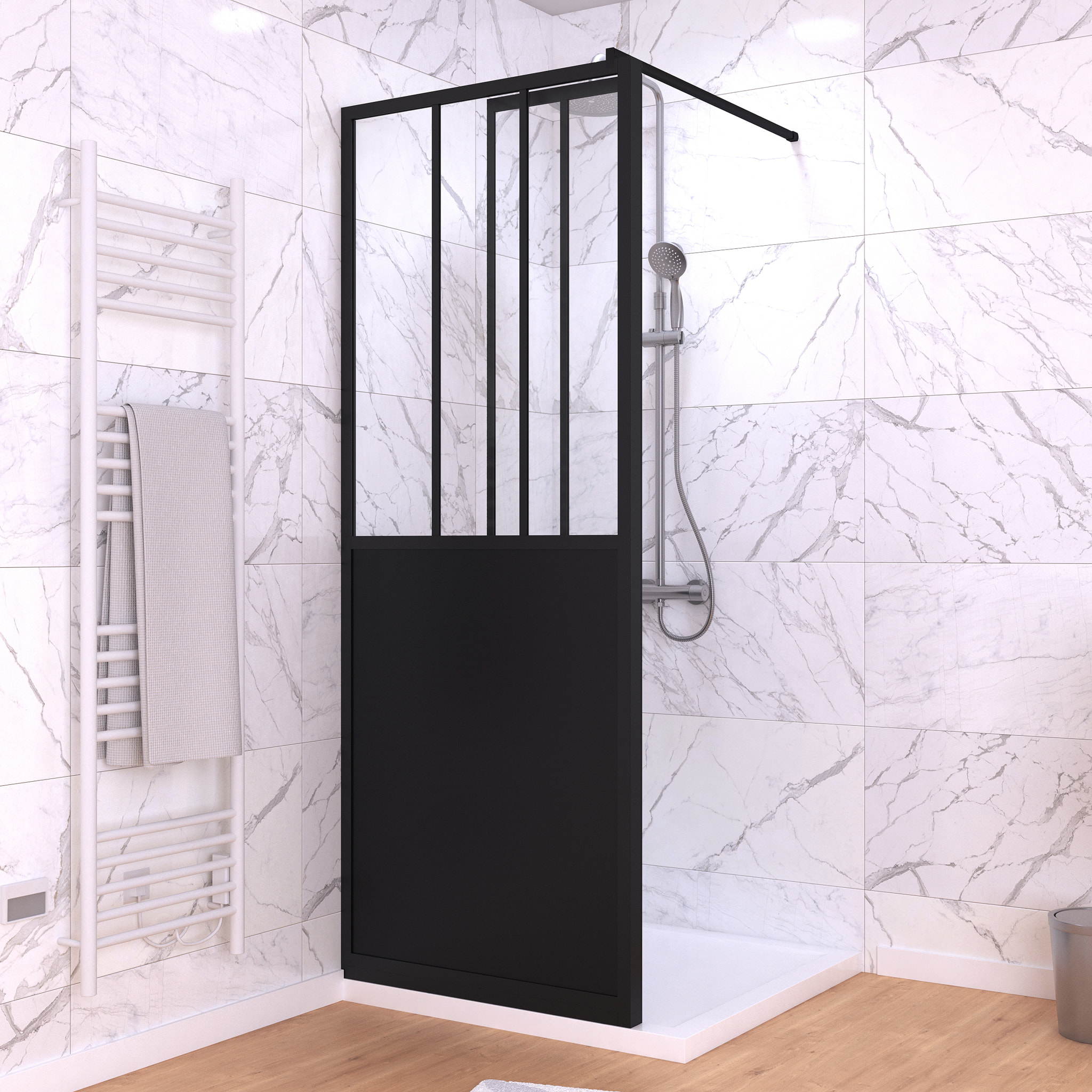 Paroi de Douche Fixe avec Volet Pivotant 80+40 x 200 cm - Finition Noir Mat et Verre Trempé