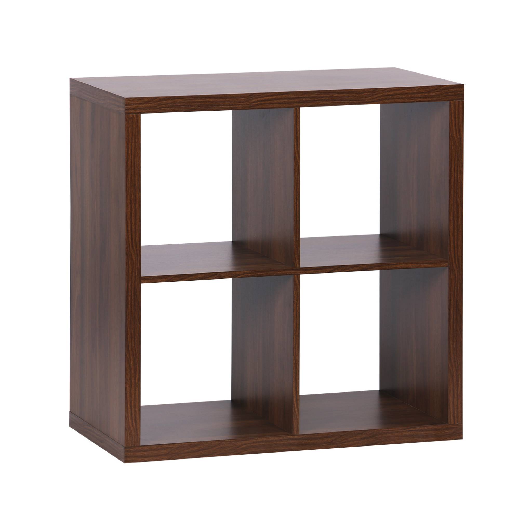 Etagère bibliothèque cubique 2 niveaux 4 compartiments. casiers. effet bois de noyer. L 76 x P 39 x H 76cm