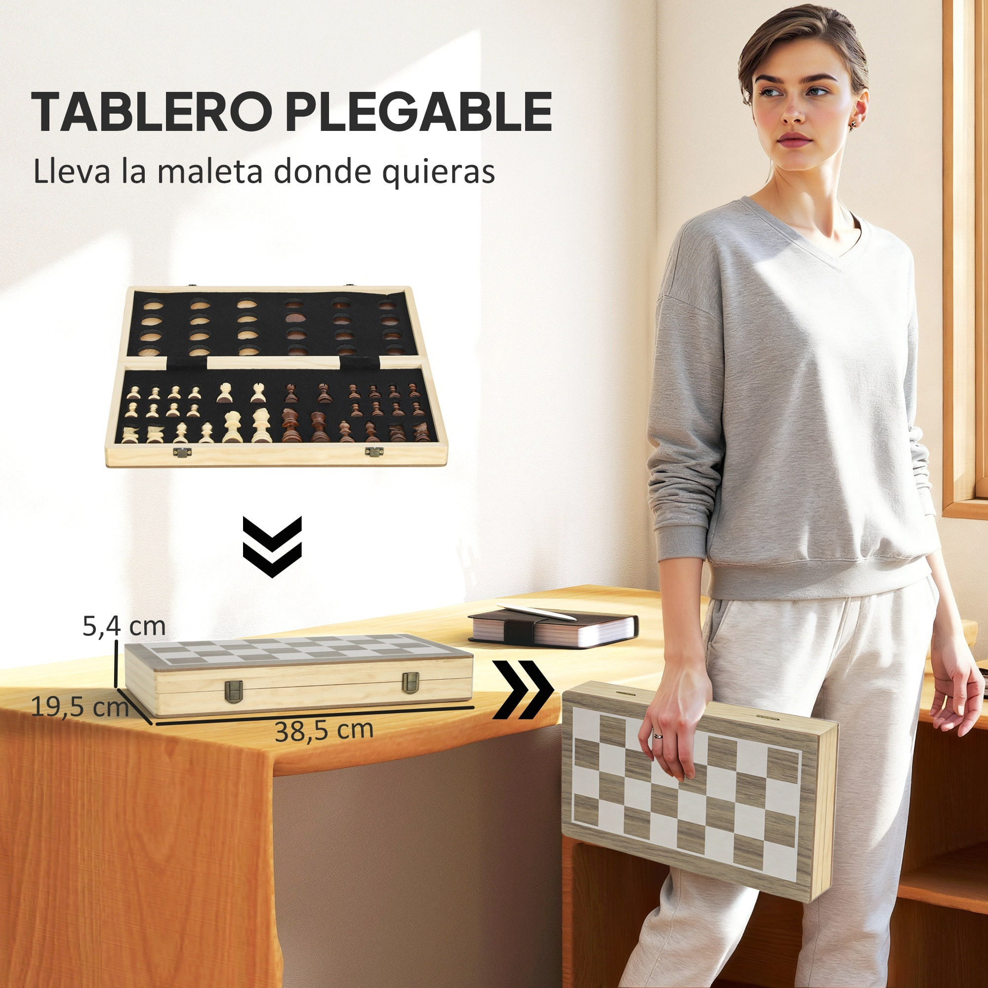 Juego de Ajedrez Internacional y Damas de Madera, 2 en 1, Juego de Tablero de Ajedrez Plegable, con Piezas de Pino y Ranuras de Almacenamiento, para Niños y Adultos