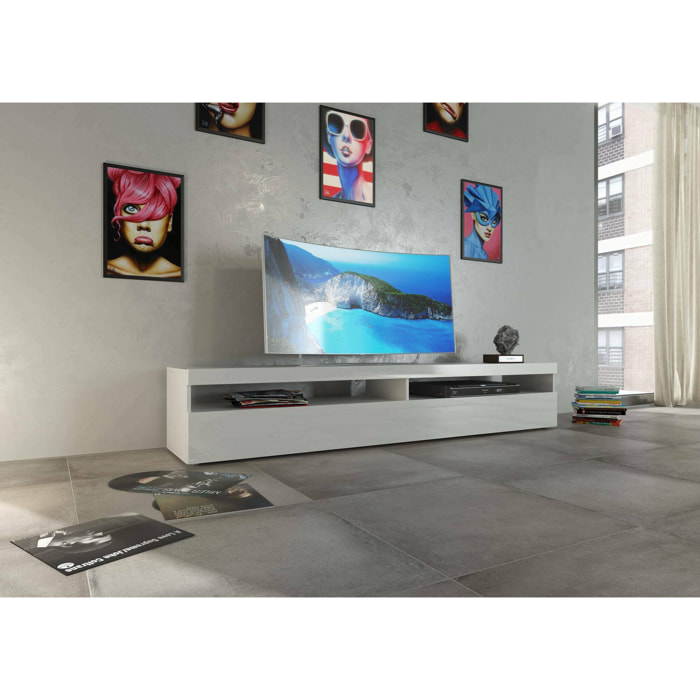 Mobile da soggiorno Porta TV, Made in Italy, Supporto per TV a 1 anta a ribalta e ripiani, cm 200x45h36, colore Bianco lucido