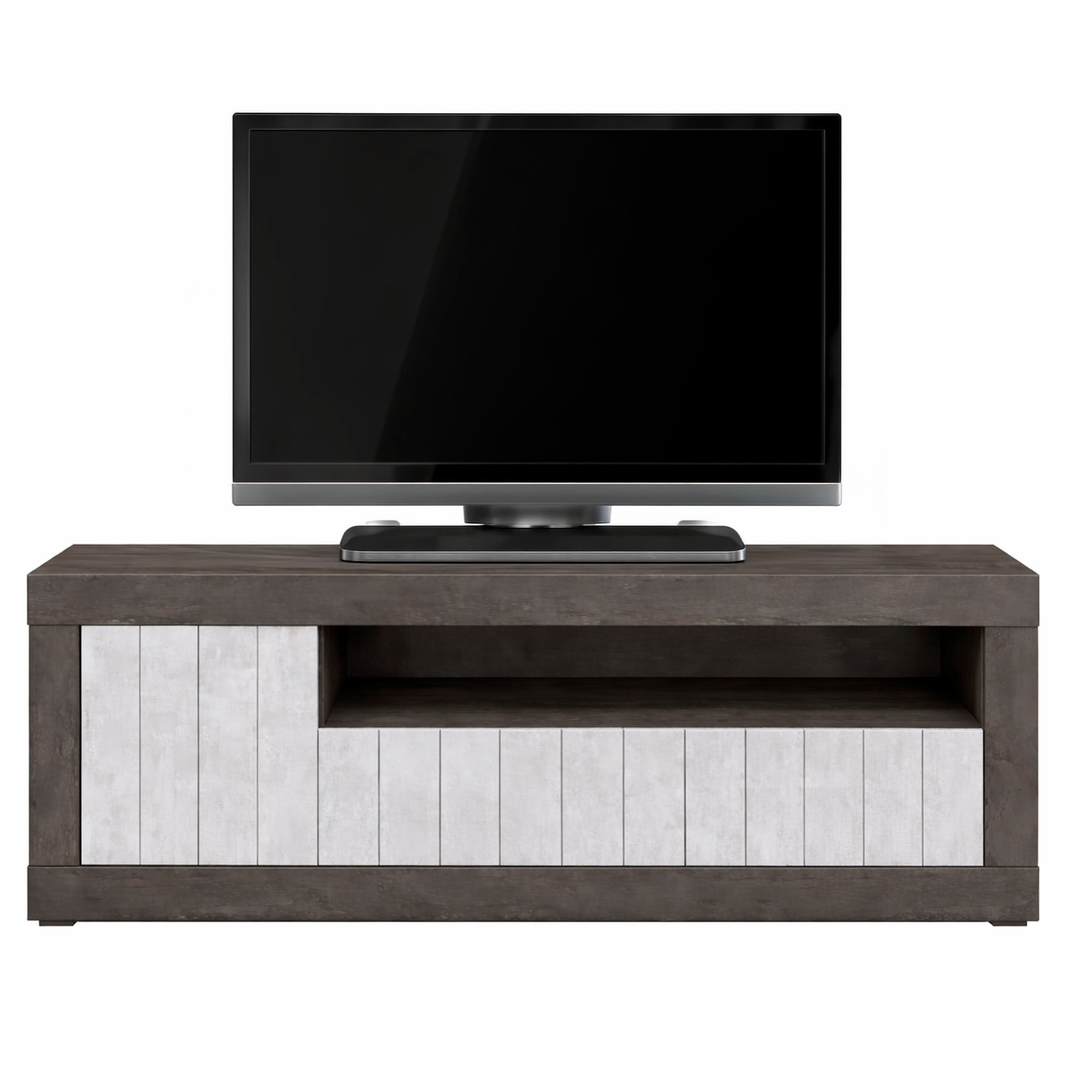 Mobile TV Basso In Melaminico Con Anta Laterale E Ribalta Vano A Giorno Ripiani Mensole Interne Moderno 136.9 x 41.8 x 56 Cm Ossido e Grigio Cemento