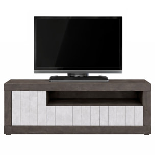 Mobile TV Basso In Melaminico Con Anta Laterale E Ribalta Vano A Giorno Ripiani Mensole Interne Moderno 136.9 x 41.8 x 56 Cm Ossido e Grigio Cemento