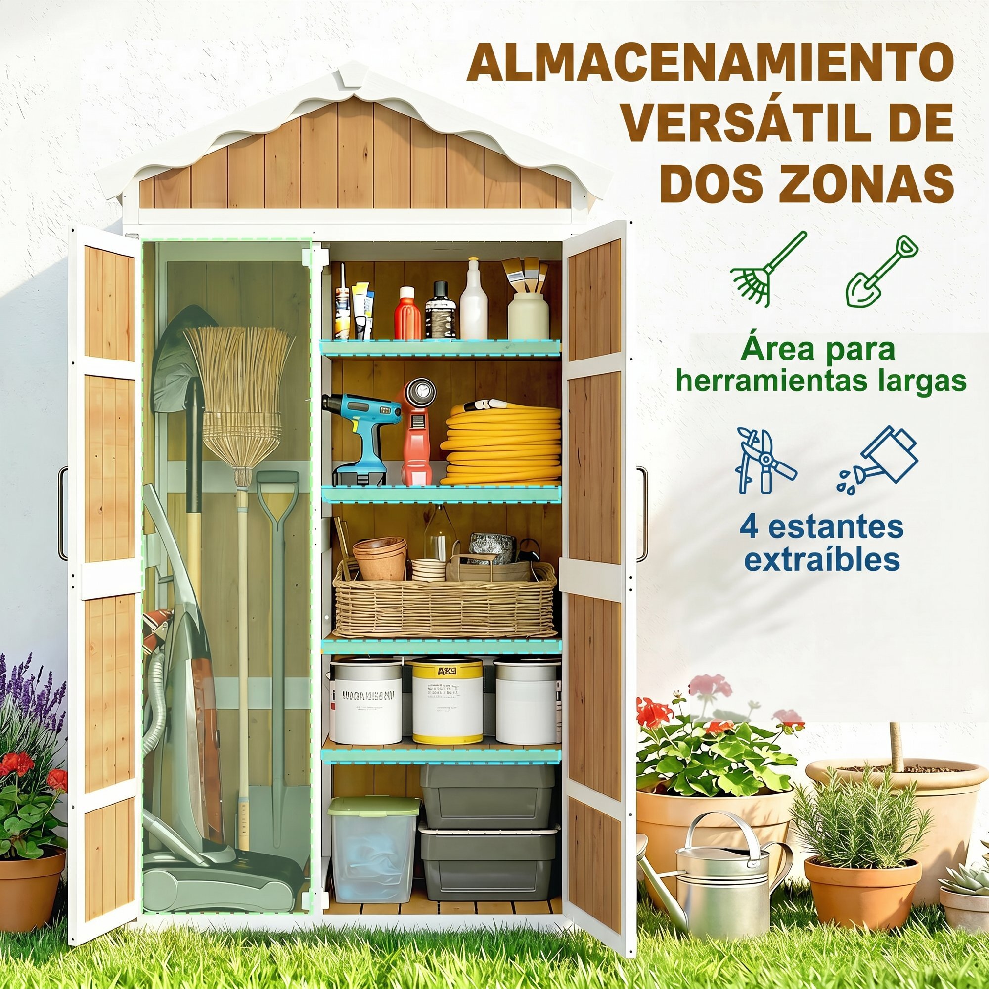 Caseta de Jardín de Madera 105x55x179 cm Cobertizo Jardín Exterior Impermeable Armario Exterior Herramientas con Puertas 4 Estantes Extraíbles Techo Metal Galvanizado Pies Ajustables Natural
