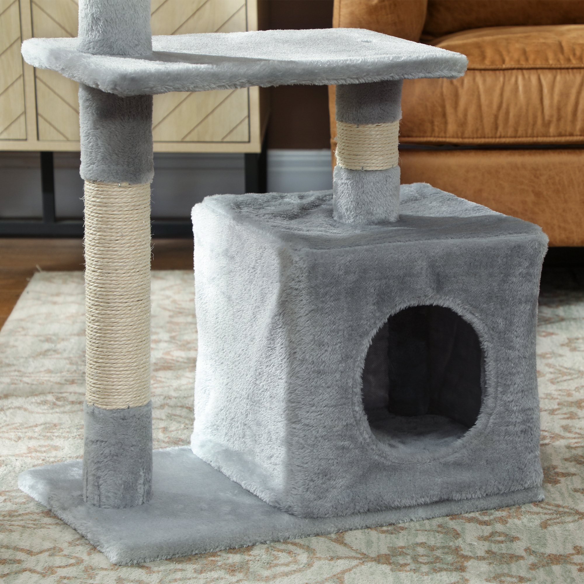 Arbre à chat H.81cm niche 3 griffoirs 2 plateformes jeu boule suspendue gris
