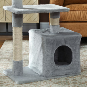 Arbre à chat H.81cm niche 3 griffoirs 2 plateformes jeu boule suspendue gris
