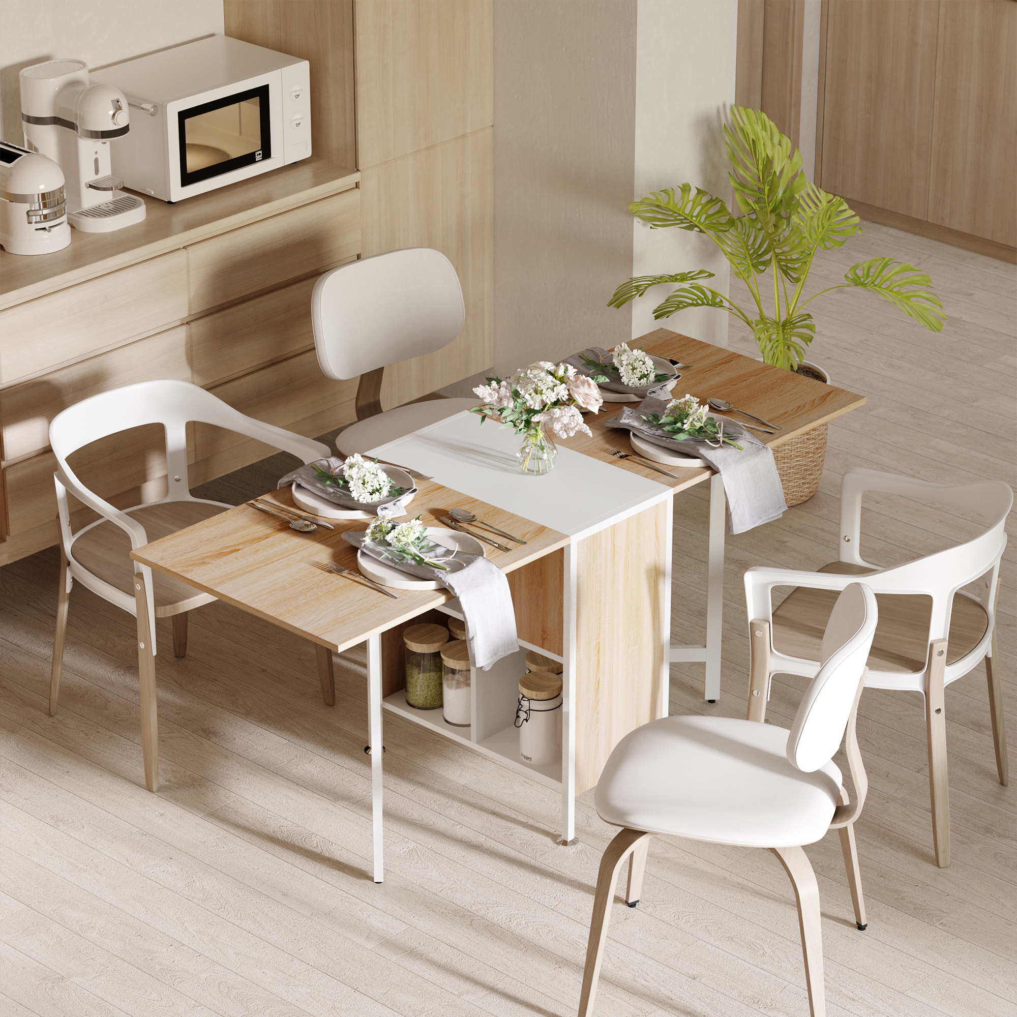 Table pliable de cuisine salle à manger 4 niches intégrées dim. dépliées 169L x 62l x 75H cm MDF chêne clair acier blanc