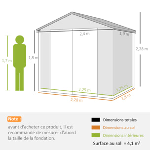 Abri de jardin 4,6 m² résine polypropylène fondation incluse structure alu 240 x 190 x 228 cm 2 portes fenêtre gris