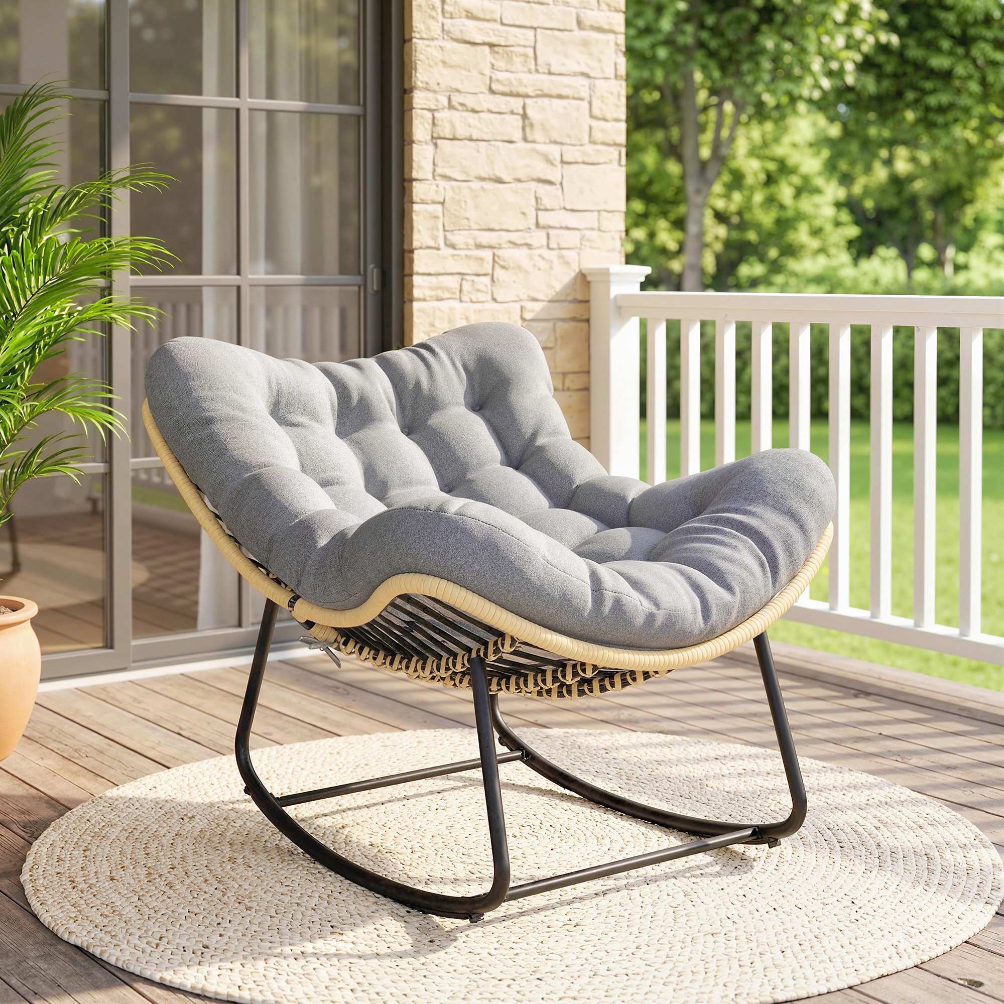 Fauteuil à bascule avec coussin design résine filaire effet rotin naturel métal noir
