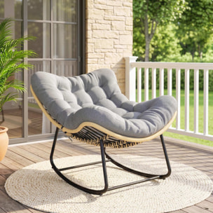Fauteuil à bascule avec coussin design résine filaire effet rotin naturel métal noir