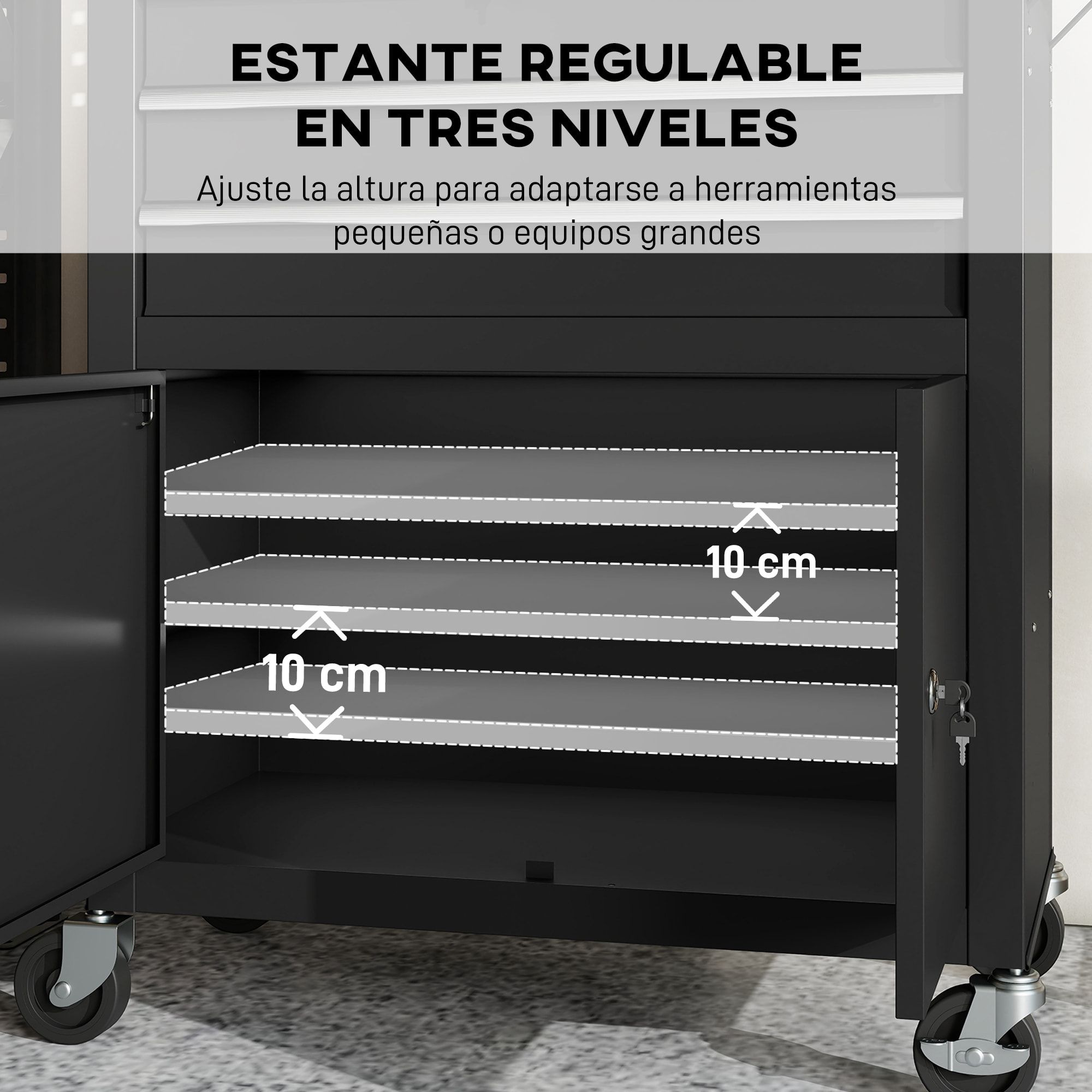 Carro de Herramientas con 3 Cajones y Tabla de Pegboard, Carro de Taller, Cerradura por Llave, Estante Ajustable, 2 Ruedas con Freno de Bloqueo, Negro