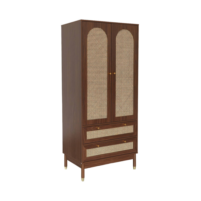 Dressing penderie décor bois et cannage 2 portes, 1 penderie et 2 tiroirs JUDITH