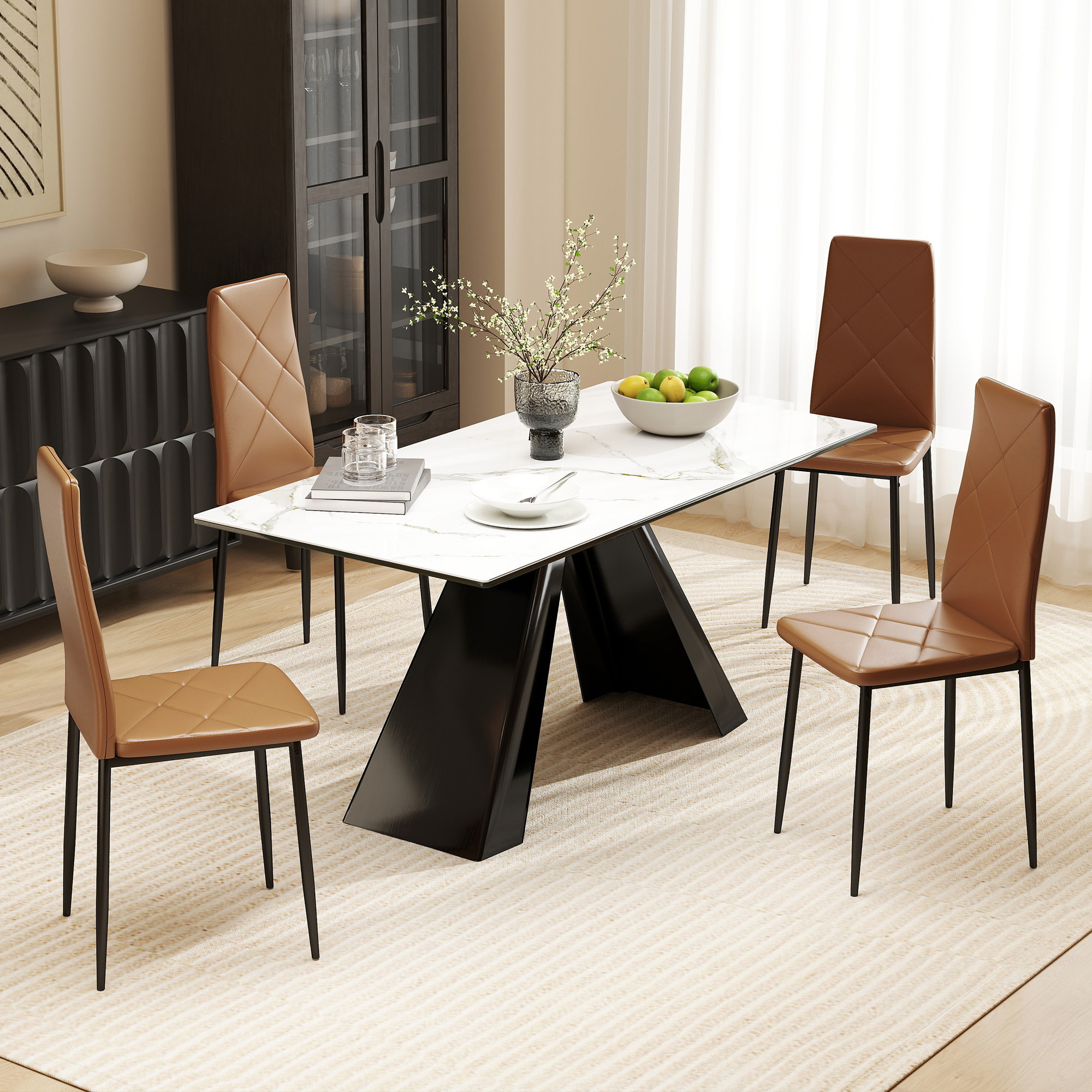 Pack de 4 Sillas de Comedor, Sillas de Cocina Modernas, Tapizadas de Cuero Sintética, Respaldo Alto, Asiento Acolchado, Patas de Acero, Marrón