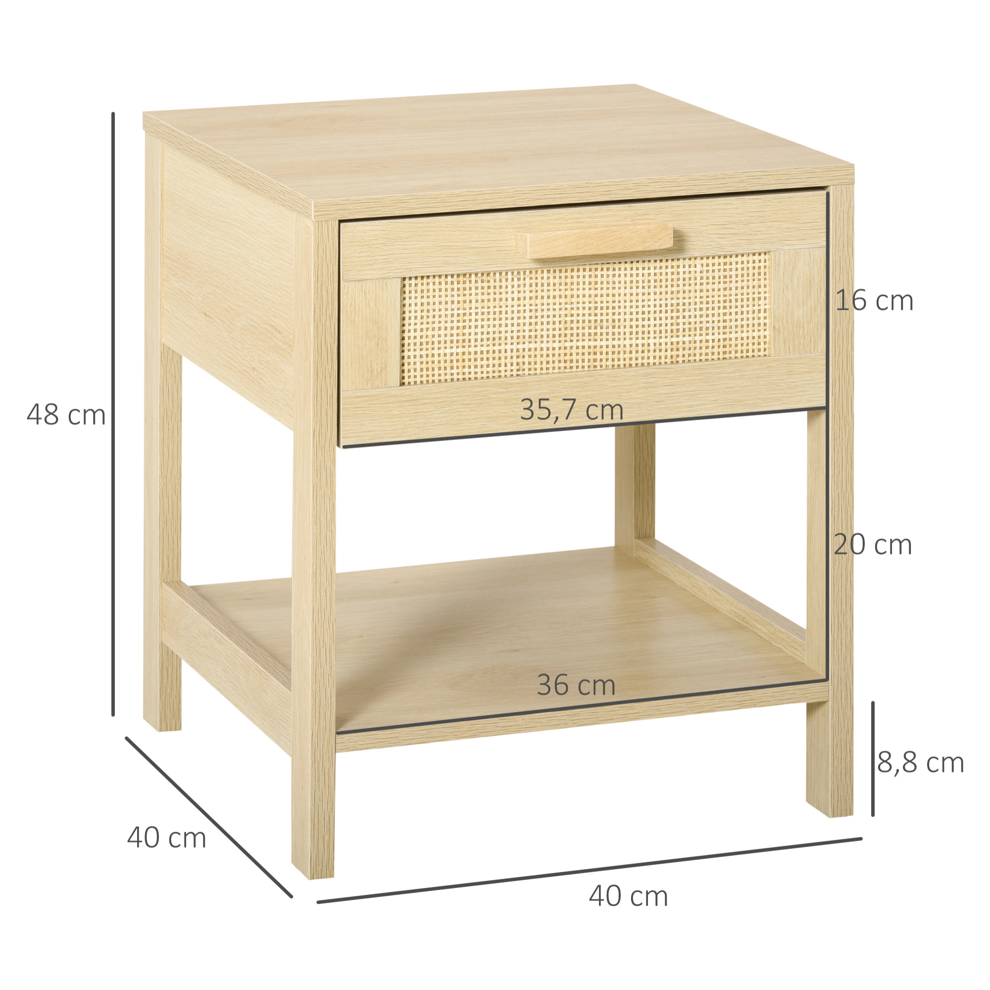 Conjunto 2 Mesitas de Noche Mesillas de Noche con Cajón de Ratán y Estante Inferior Carga 40 kg para Dormitorio Sala 40x40x48 cm Natural