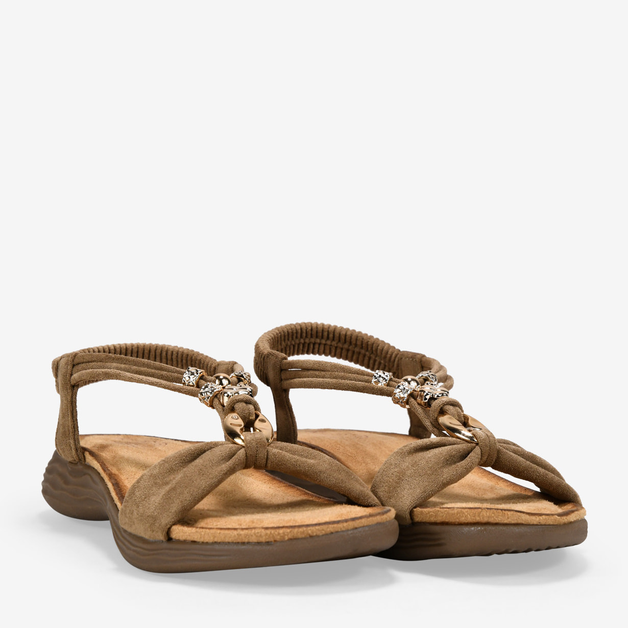Sandalias elásticas taupe con apliques metálicos