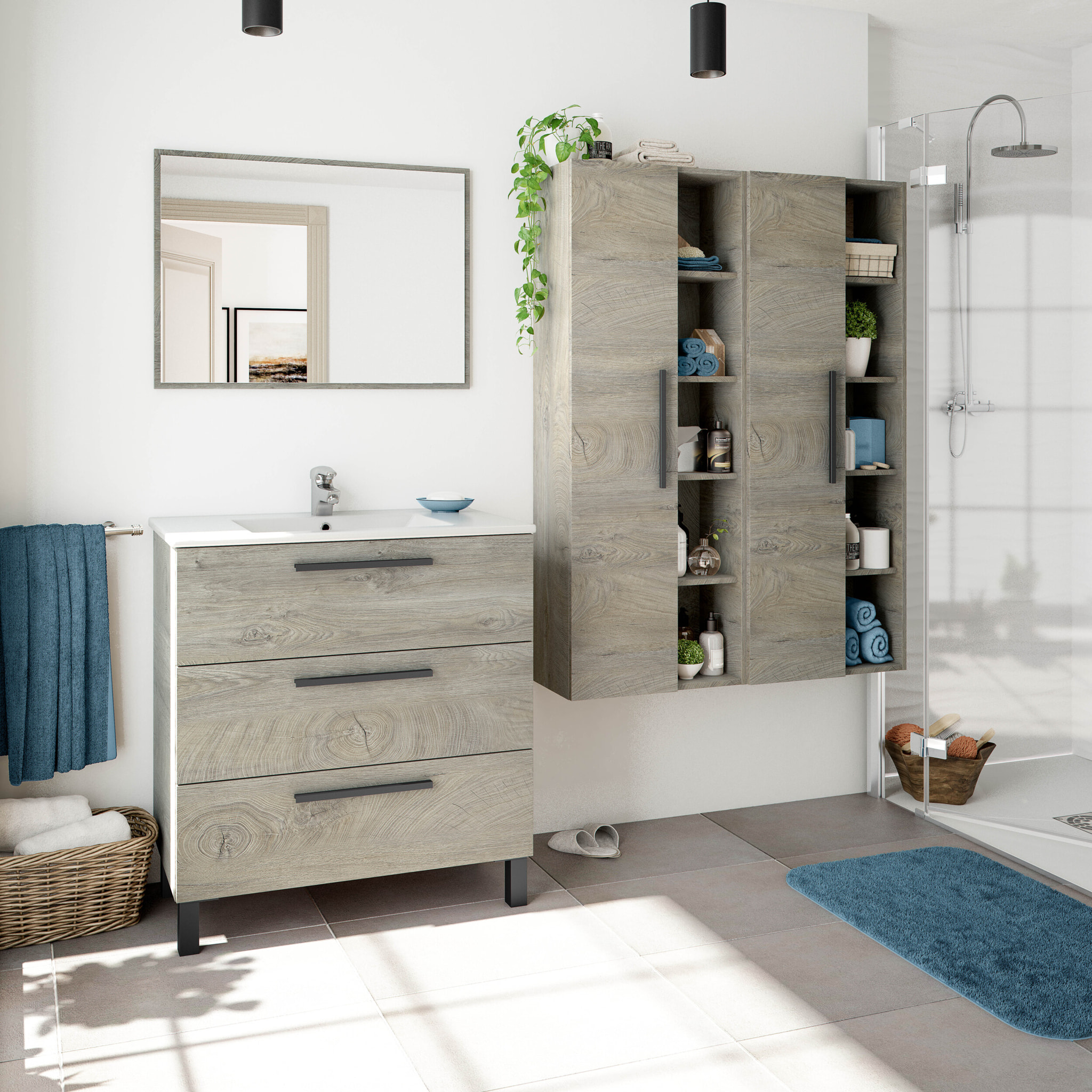 Colonna Sospesa Multiuso Con 1 Anta E 5 Vani A Giorno Mobile Armadietto Bagno Pensile Salvaspazio Chiusura Assistita 150 x 25.5 x 50 Cm Rovere Alaska