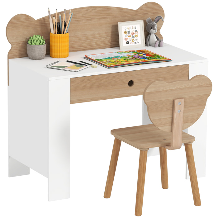 Escritorio Infantil con Silla en Forma de Osito Pupitre Infantil con Cajón para Estudiar Leer y Dibujar Mesa para Niños para Dormitorio Sala Estudio Natural