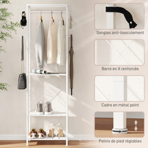 Vestiaire d'entrée portant - penderie, 4 patères, 3 étagères - dim. 52 x 30 x 180 cm - blanc