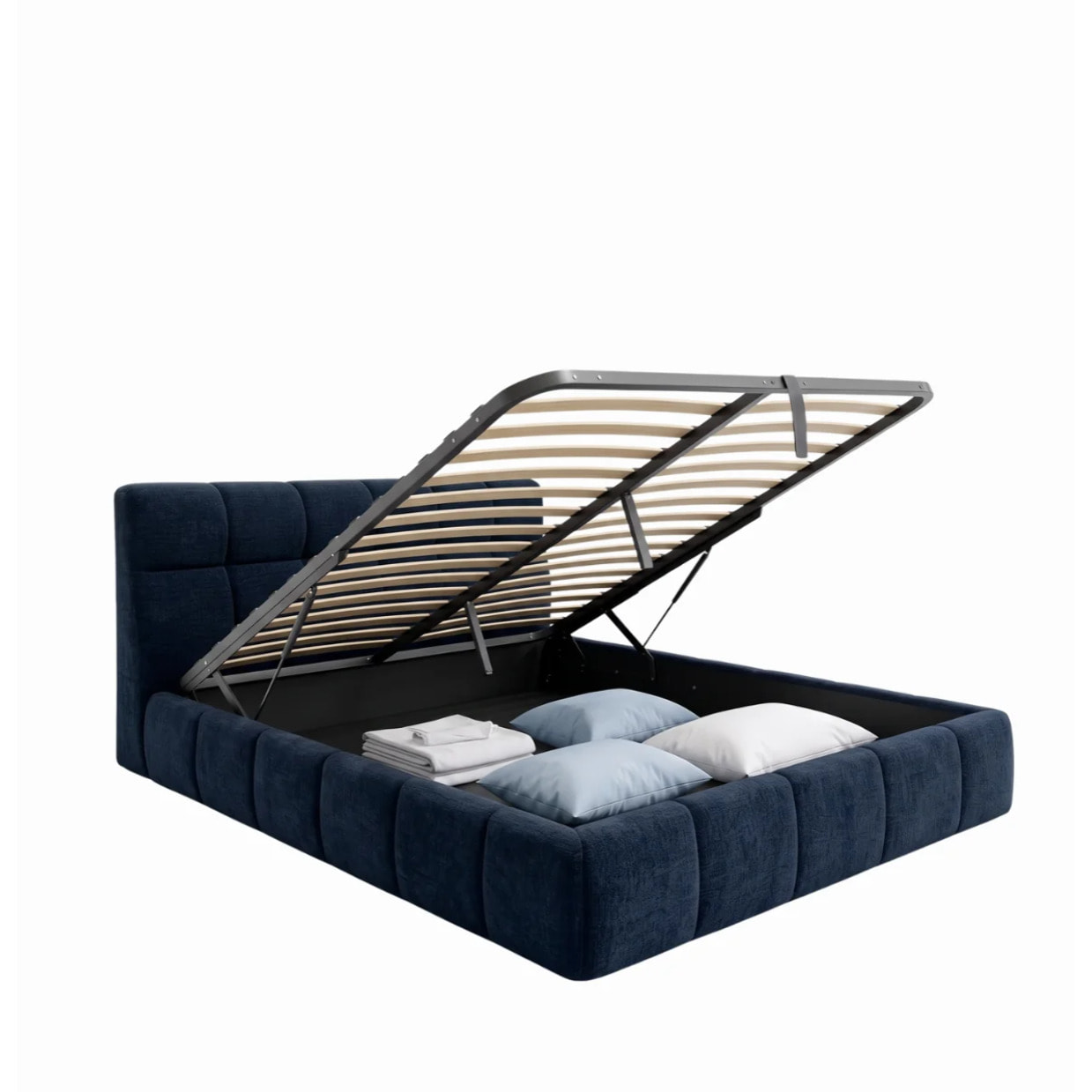 Lit coffre Aneto avec tête de lit en tissu chenille bleu nuit