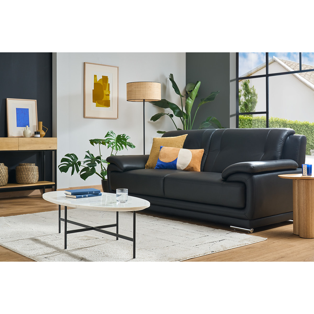 Canapé design 3 places en cuir noir et acier chromé TAMARA