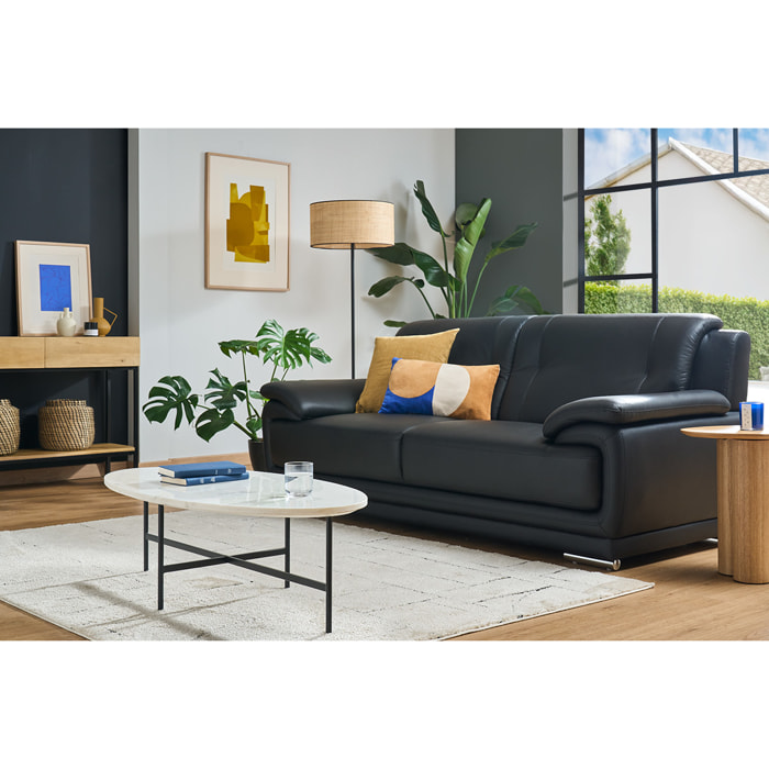 Canapé design 3 places en cuir noir et acier chromé TAMARA