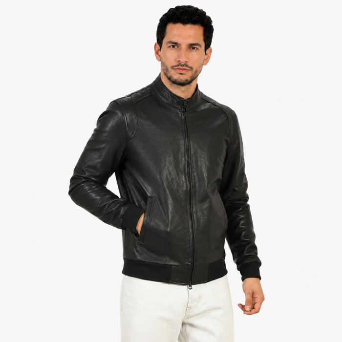 Giubbino in vera pelle di vitello Nero-Slim Fit