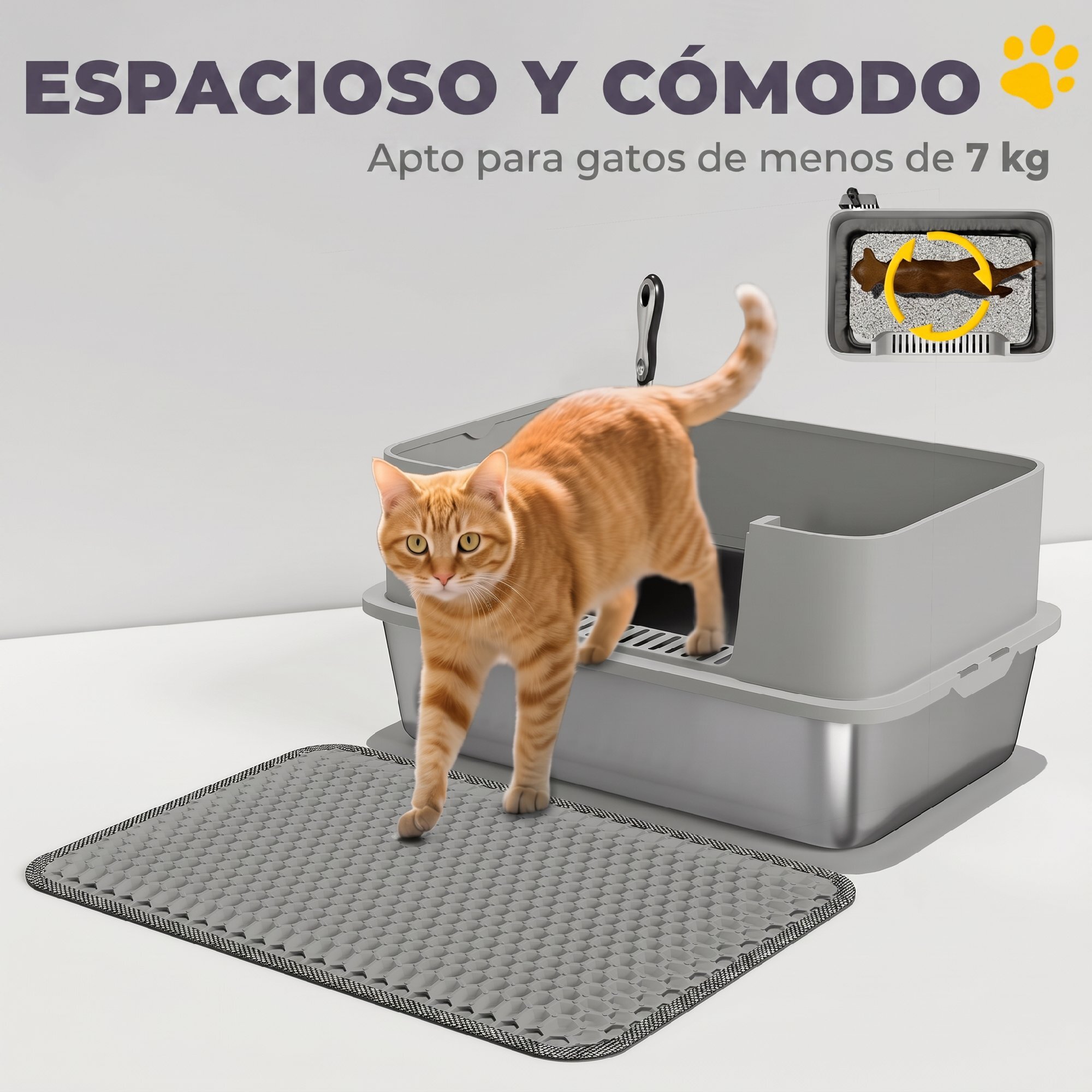 Arenero para Gatos de Acero Inoxidable XL Caja de Arena para Gatos Arenero con Borde Alto Alfombrilla Pala Fácil de Limpiar Prueba de Fugas 60x40x29,5 cm Gris