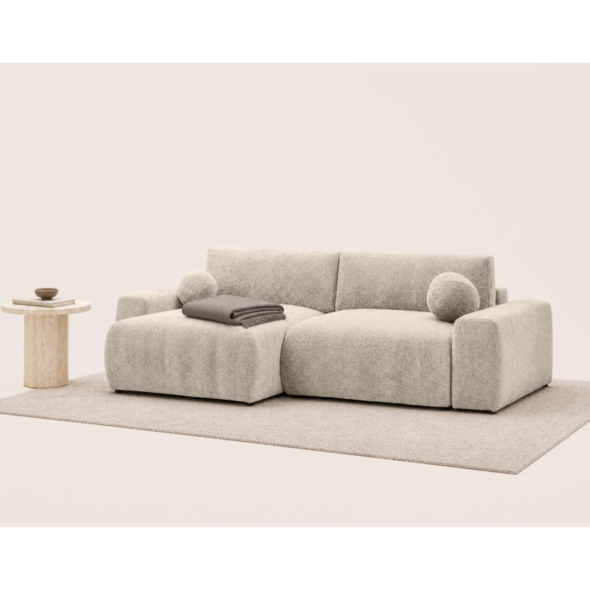 Constance - Canapé d'angle réversible 4 places convertible avec coffre en velours relief - Beige