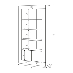 Libreria Lexington, Mobile portalibri moderna a 2 ante e 3 ripiani, Scaffale moderno, Credenza alta con scomparti, cm 94x35h181, Bianco lucido