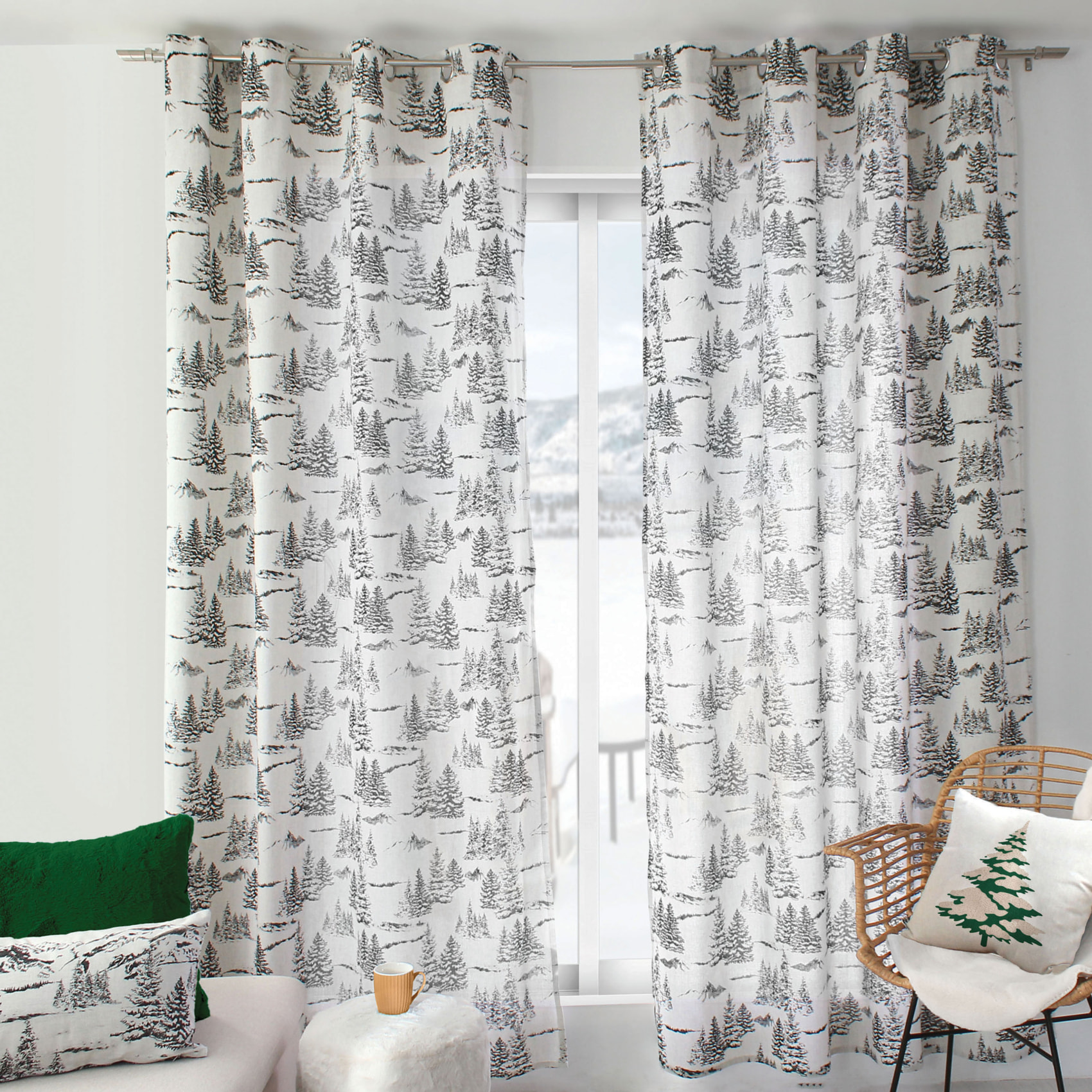 Rideau imprimé montagne en coton recyclé - Gris anthracite