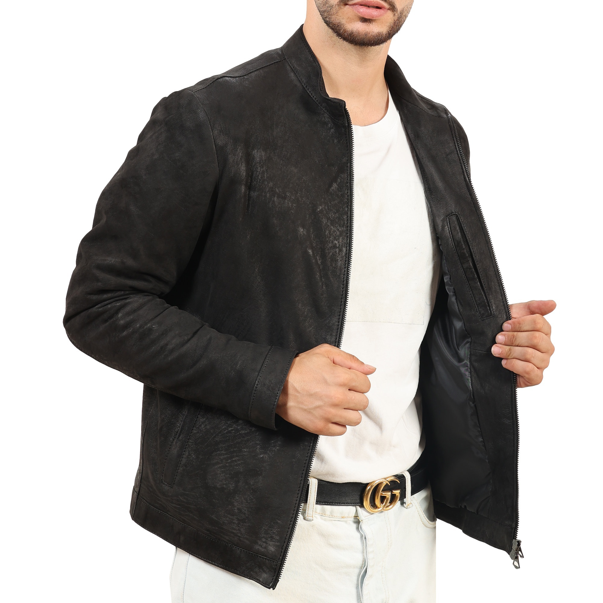 Giubbino in pelle di vitello rifinizione dakota Nero-Slim Fit