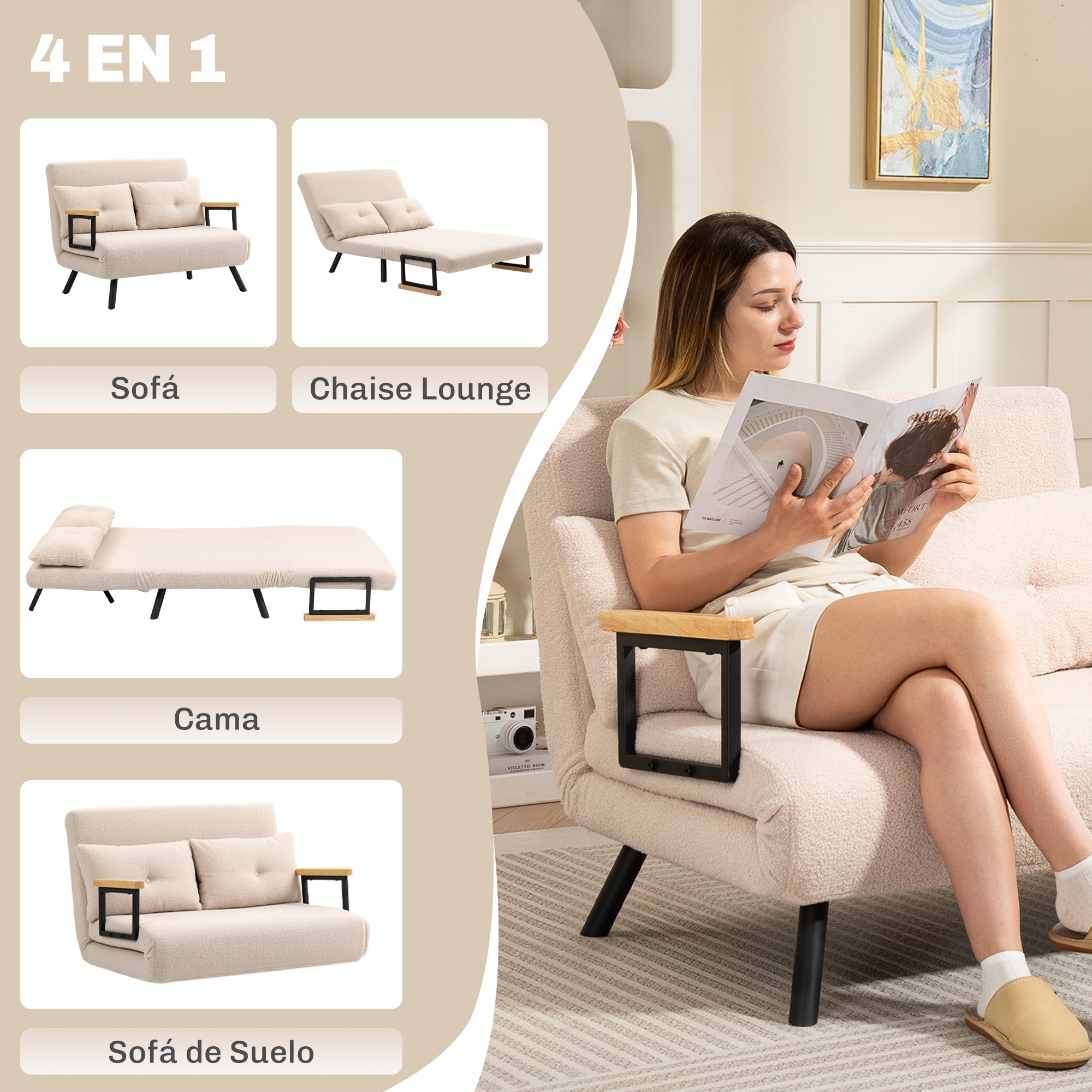 Sofá Cama de 2 Plazas 4 en 1 Sofá Cama Plegable Tapizado en Borreguito con Respaldo Ajustable de 5 Niveles y Almohadas Acolchadas para Oficina Dormitorio Salón 102x73x81 cm Beige