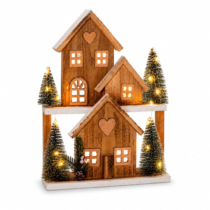 Casa navideña de madera con led blanco cálido y 4 árboles nevados, temporizador 6h 26x10x36 cm