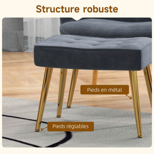 Fauteuil design à oreilles avec repose-pieds métal doré velours gris