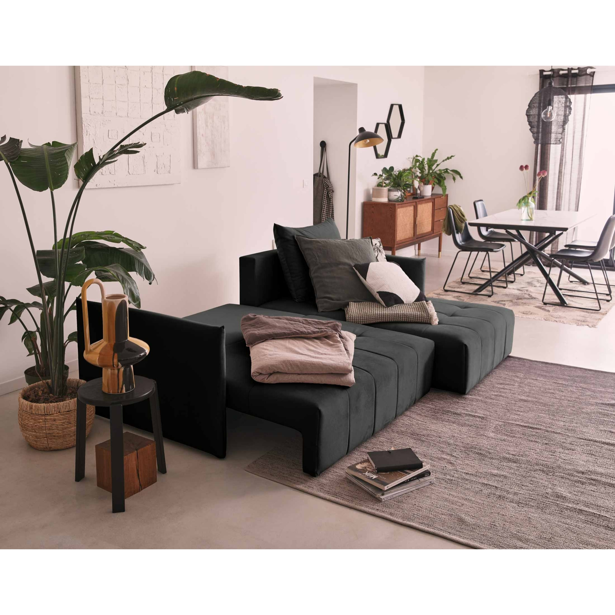 Petra - canapé d'angle réversible - convertible avec coffre - 4 places - en velours - Gris foncé
