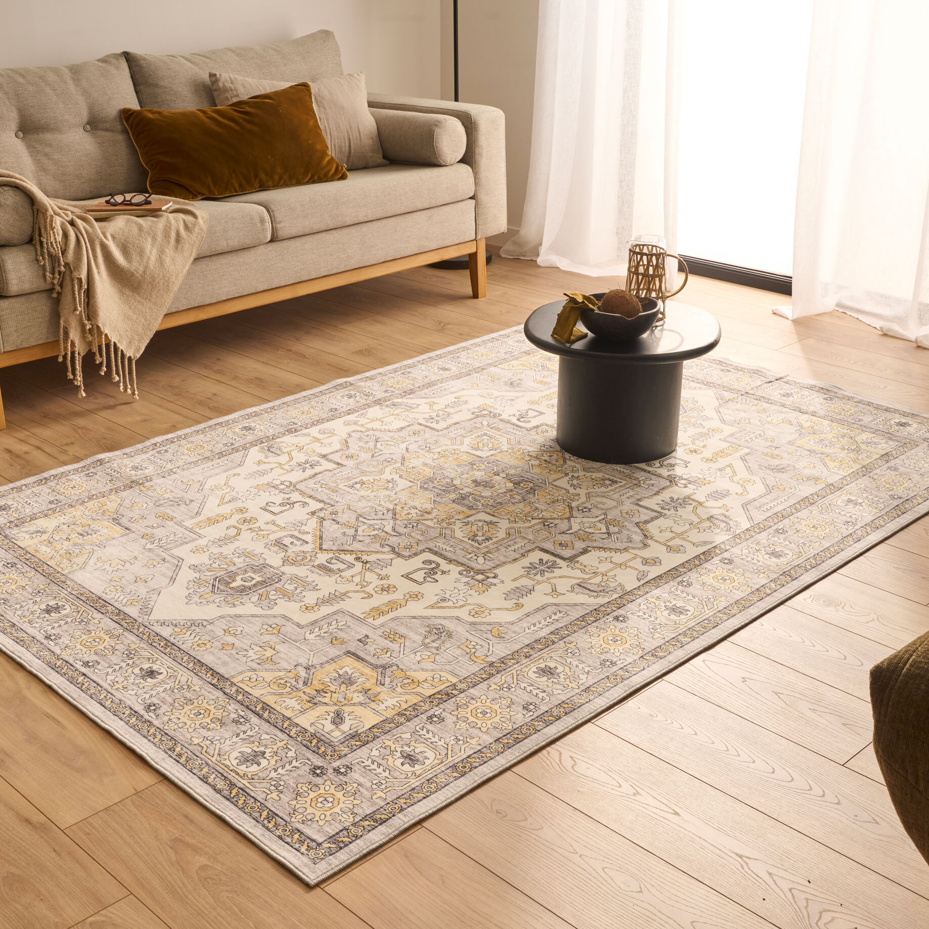 OTTOMAN - Tapis à poils courts doux à motif oriental jaune