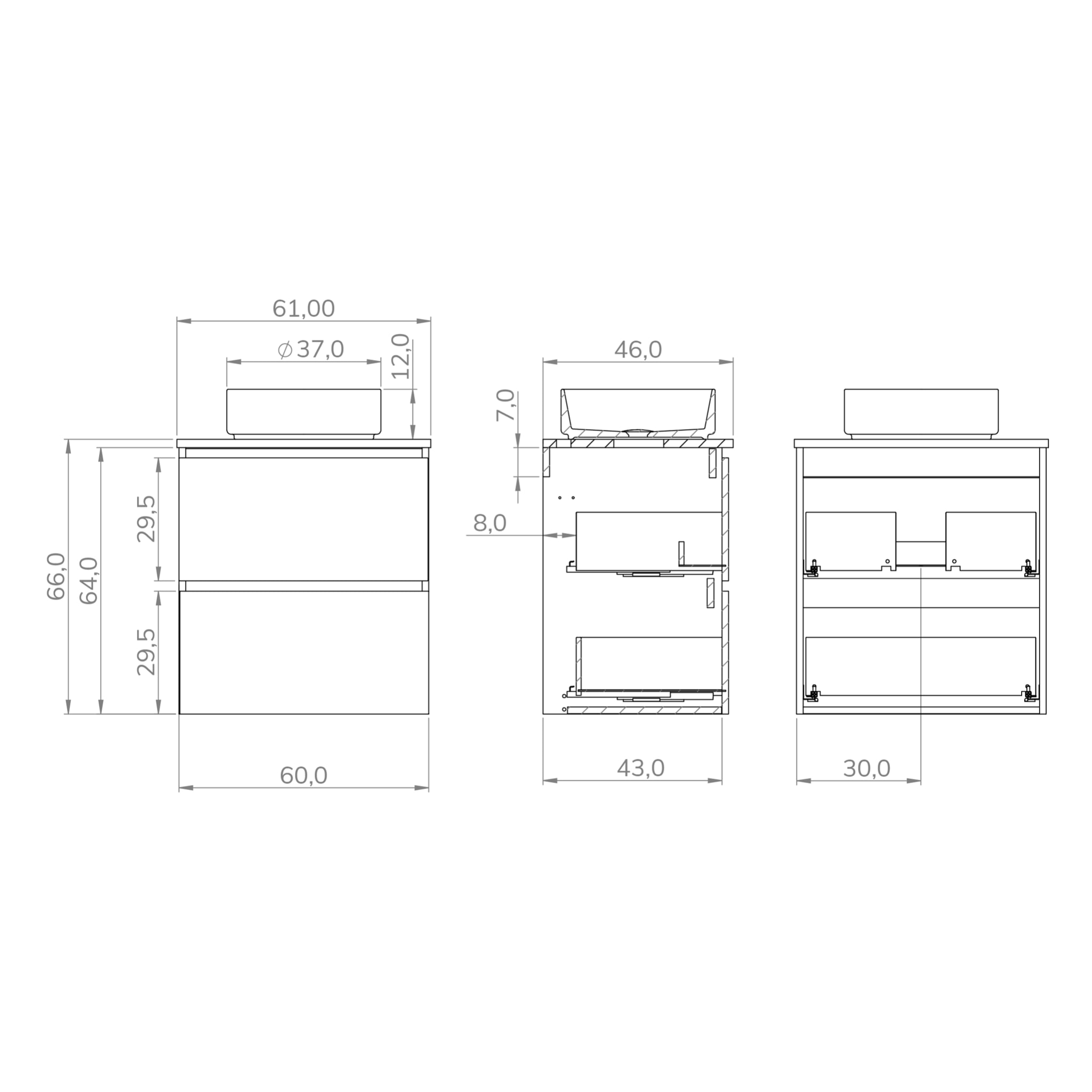 ENSEMBLE DE SALLE DE BAIN GLOOM | MEUBLE DE SALLE DE BAIN SUSPENDU | 60 CM NATURE | DEUX TIROIRS | LAVABO SUR PLAN | MEUBLE MONTÉ | ALDAY