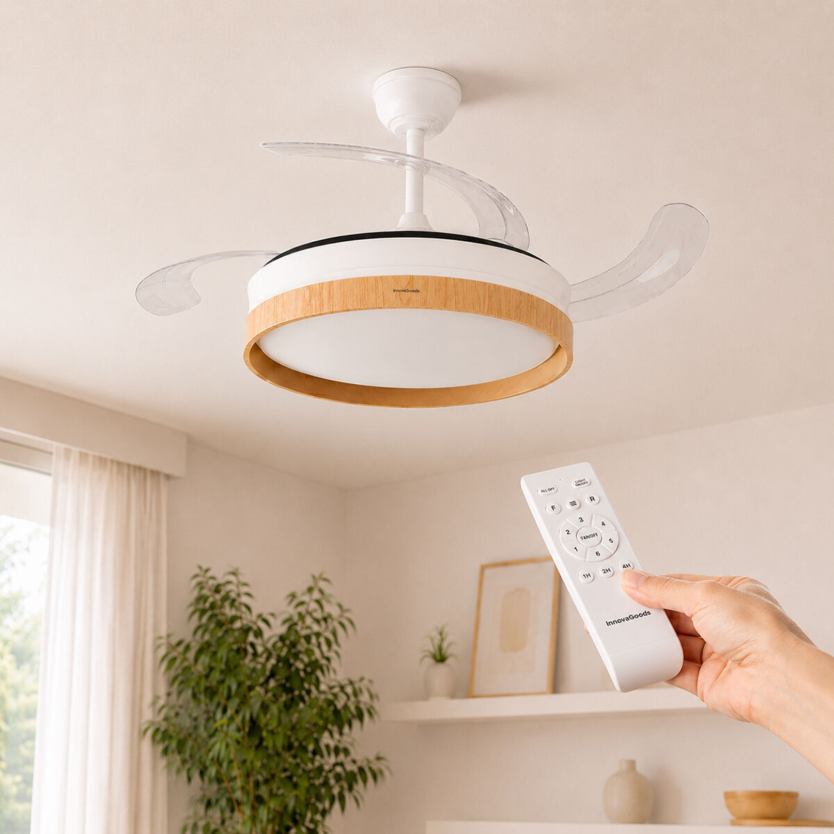 Ventilatore da Soffitto con Luce LED e 4 Pale Retrattili Woteez InnovaGoods Legno 72 W Ø49-104 cm