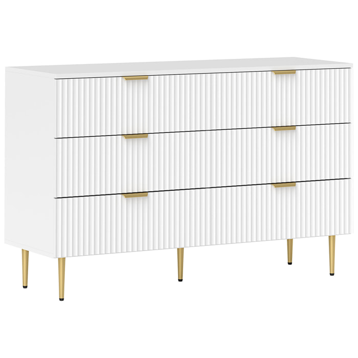 Commode 6 tiroirs design effet cannelé piètement poignées métal doré blanc