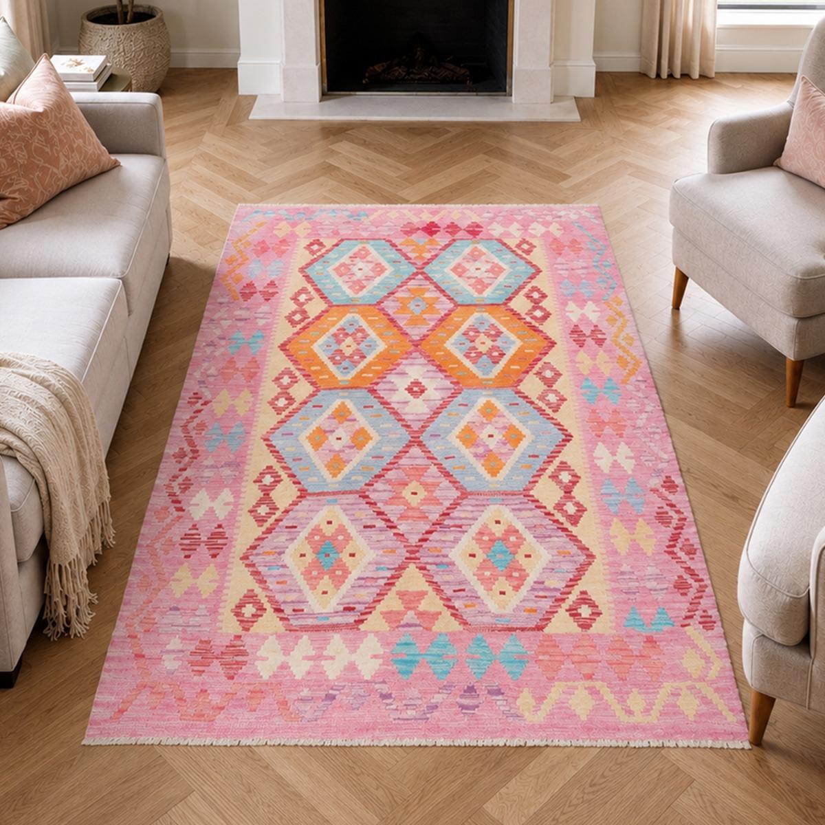 Tapis kilim, motif géométrique, tissé plat en laine naturelle