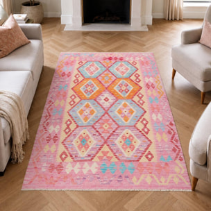 Tapis kilim, motif géométrique, tissé plat en laine naturelle