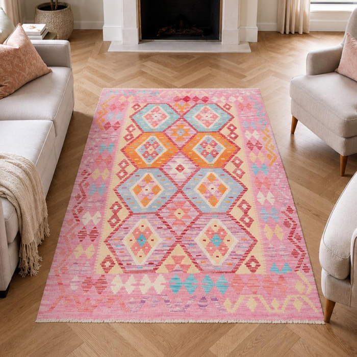 Tapis kilim, motif géométrique, tissé plat en laine naturelle