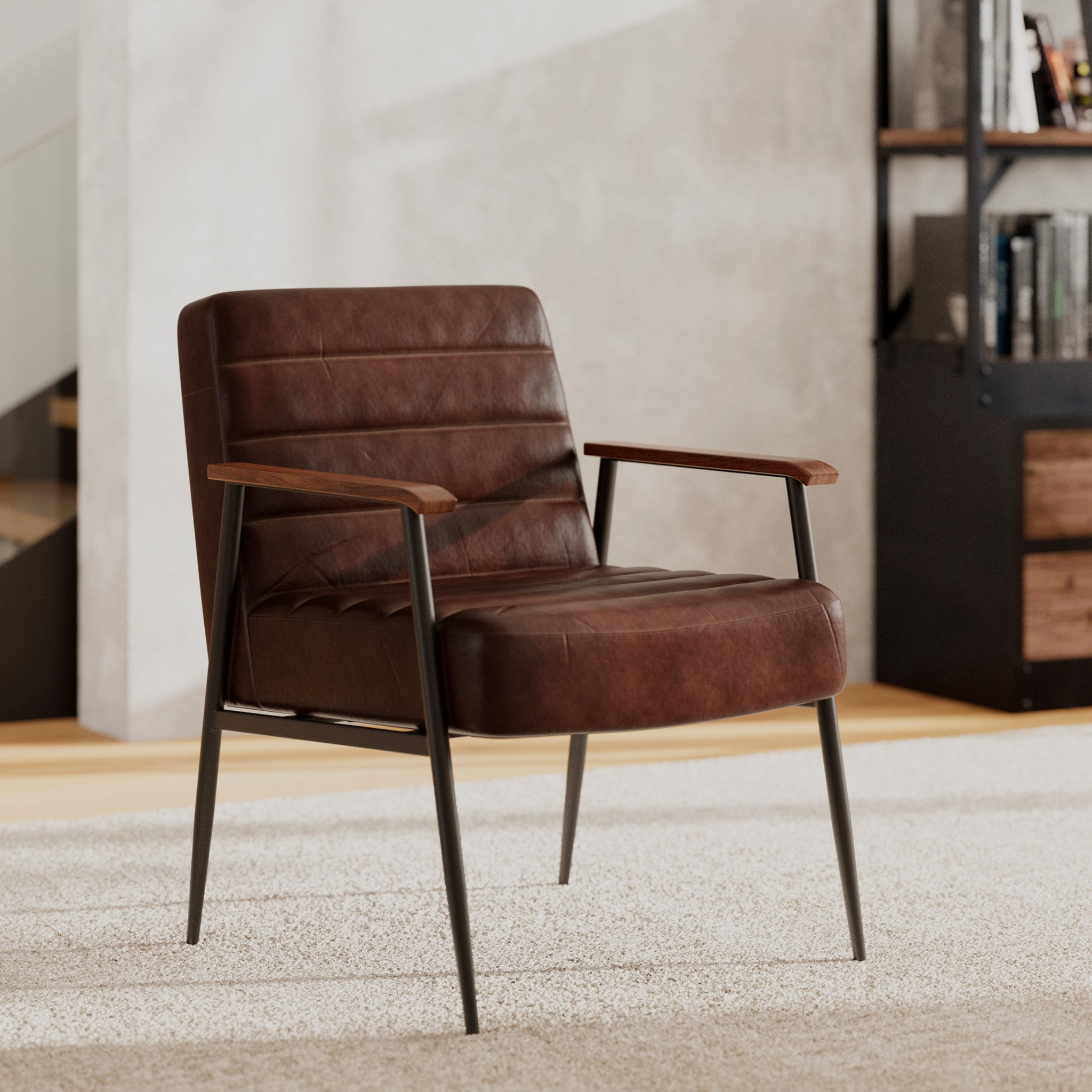 Fauteuil en cuir marron et métal noir - Hugues