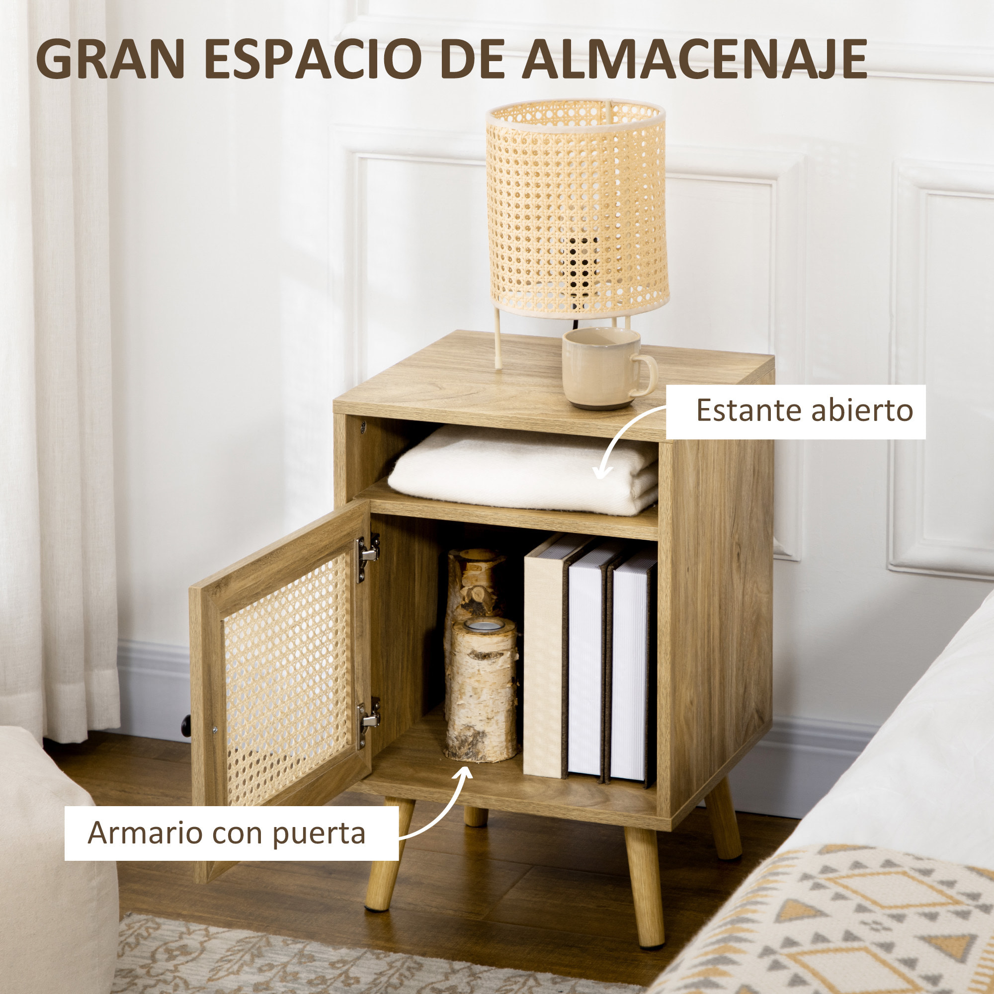 Conjunto para el Hogar Incluye 1 Cómoda con 4 Cajones 1 Aparador y 2 Mesitas de Noche con Puerta de Ratán Sintético Estilo Cannage Natural